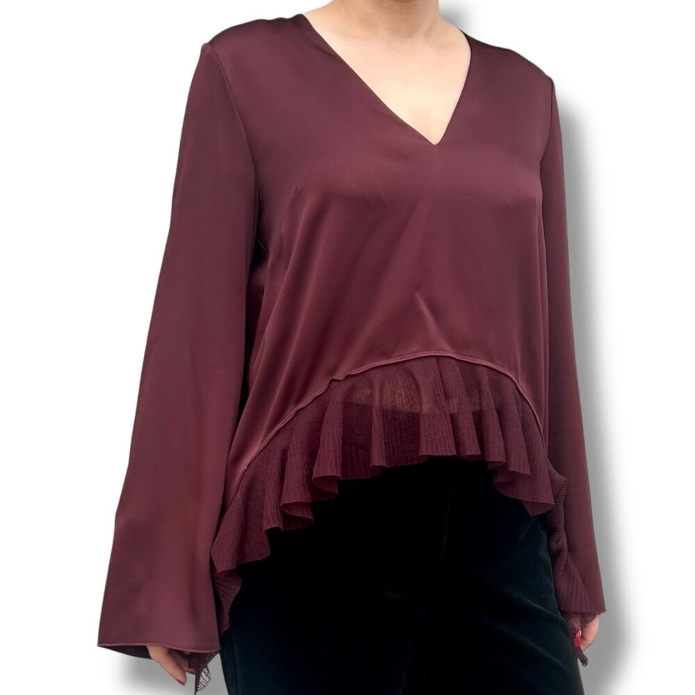 Elizabeth and James Hi Lo Ruffle Burgundy Wine Satin Blouse Long Sleeve Party
